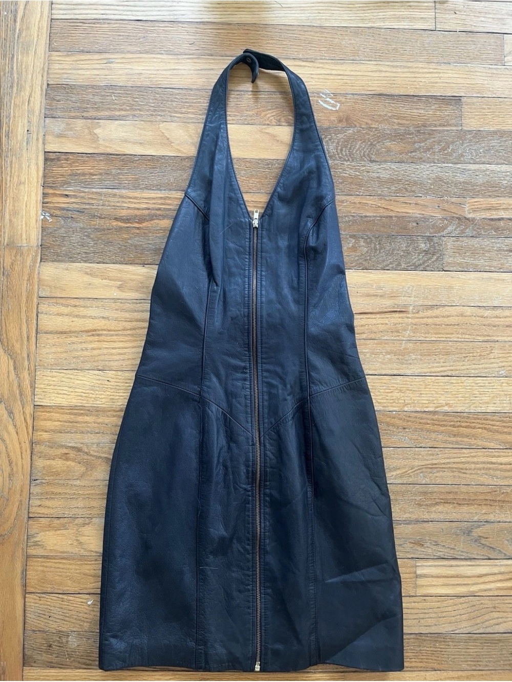 Wilson Black Leather Halter Midi Dress with Front Zip